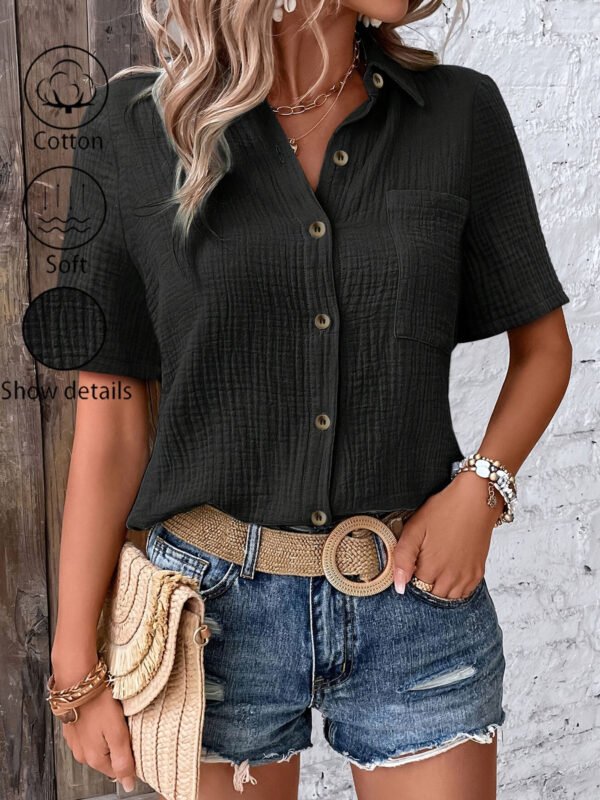 Hic Summer Women's V-Neck Blouse - Casual Short Sleeve Button-Up Shirt With Chest Pocket, Solid White, Lightweight & Breathable For Casual   Attire - Image 6