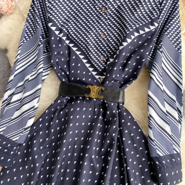 Niche Color-Blocking Striped Print Slim Mid-Length Retro Dress - Image 3