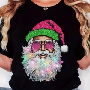 Women's Festive Santa Claus Graphic Tee - Comfy, Crew Neck, Short Sleeve Casual Shirt For Christmas & Casual Attire