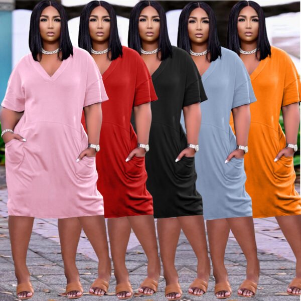 Sexy Loose Color V-neck Casual Dress With Pockets - Image 4