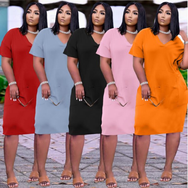 Sexy Loose Color V-neck Casual Dress With Pockets - Image 10