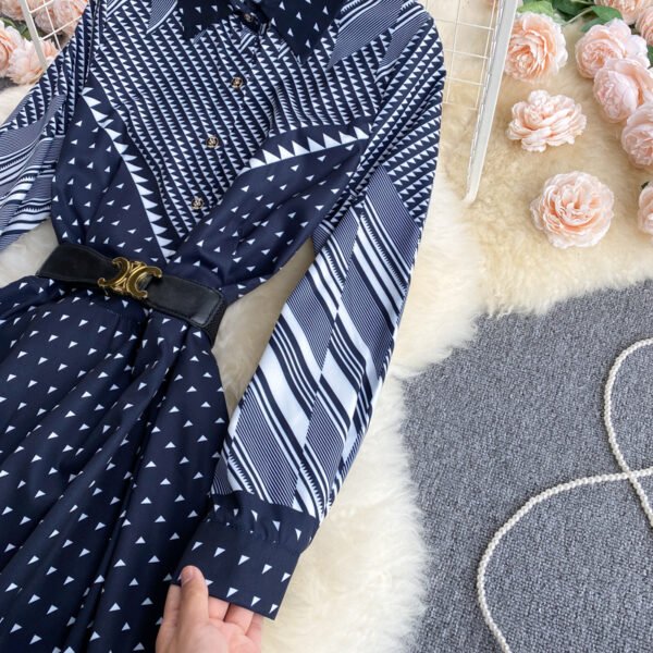 Niche Color-Blocking Striped Print Slim Mid-Length Retro Dress - Image 4