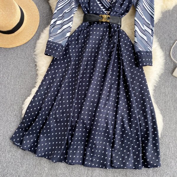 Niche Color-Blocking Striped Print Slim Mid-Length Retro Dress - Image 5