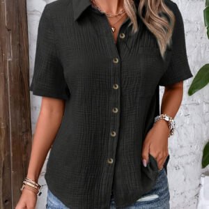 Hic Summer Women's V-Neck Blouse - Casual Short Sleeve Button-Up Shirt With Chest Pocket, Solid White, Lightweight & Breathable For Casual   Attire