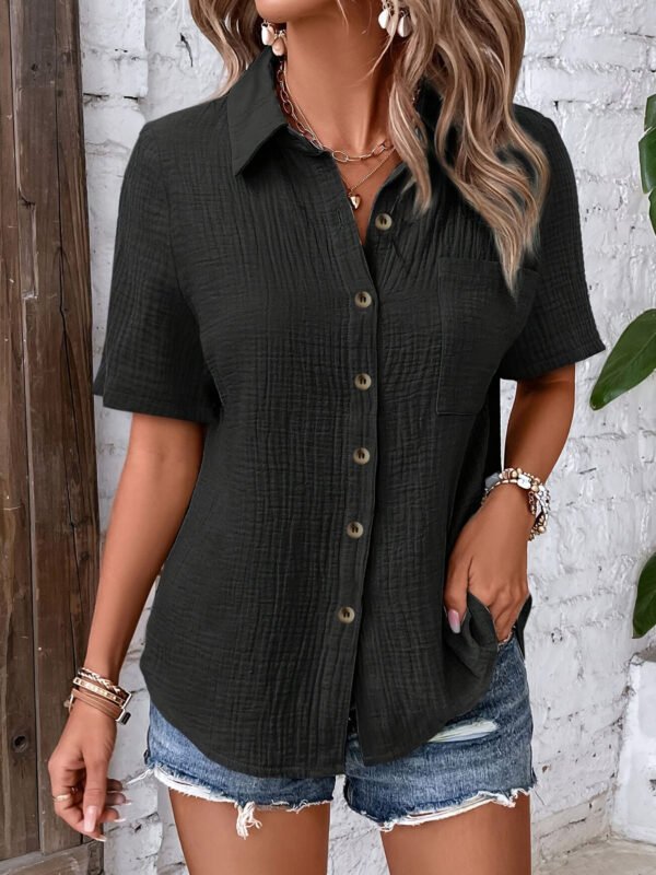Hic Summer Women's V-Neck Blouse - Casual Short Sleeve Button-Up Shirt With Chest Pocket, Solid White, Lightweight & Breathable For Casual   Attire