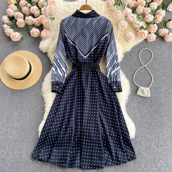 Niche Color-Blocking Striped Print Slim Mid-Length Retro Dress - Image 2