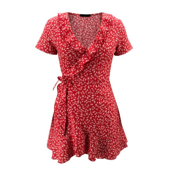 European And American Summer V-neck Ruffled Lace A-line Slim Dress - Image 5