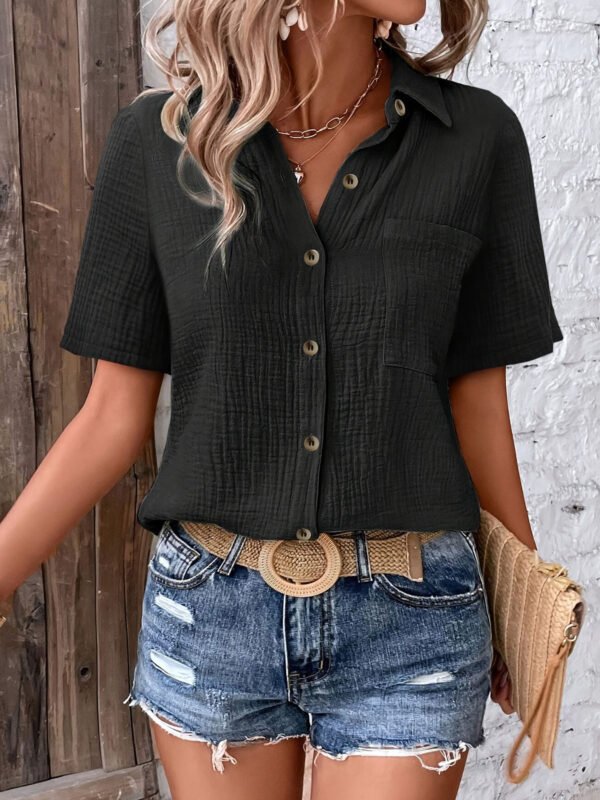 Hic Summer Women's V-Neck Blouse - Casual Short Sleeve Button-Up Shirt With Chest Pocket, Solid White, Lightweight & Breathable For Casual   Attire - Image 5